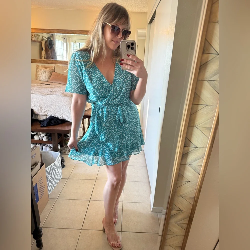 Kentucky Derby Flirty Aqua Cheetah Print Wrap Dress with Ruffle Detail - Picture 3 of 8